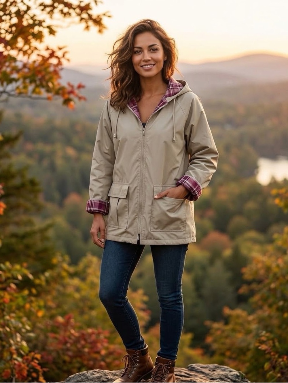 Misty Harbor Hooded Plaid-Lined Rain Jacket / Utility Coat size Large